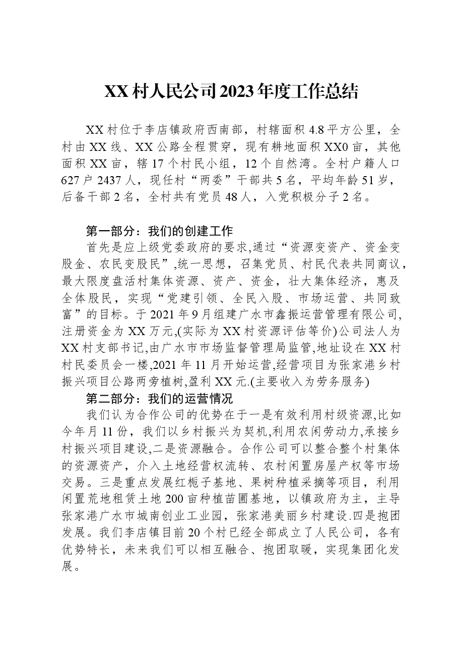 XX村人民公司2023年度工作总结.docx,第1页预览