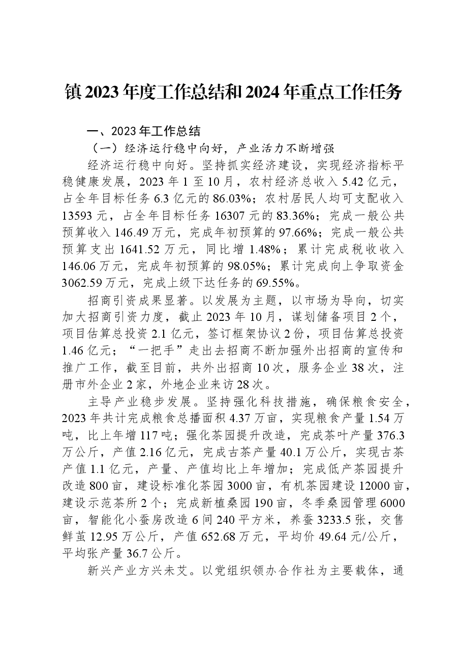 镇2023年度工作总结和2024年重点工作任务.docx,第1页预览