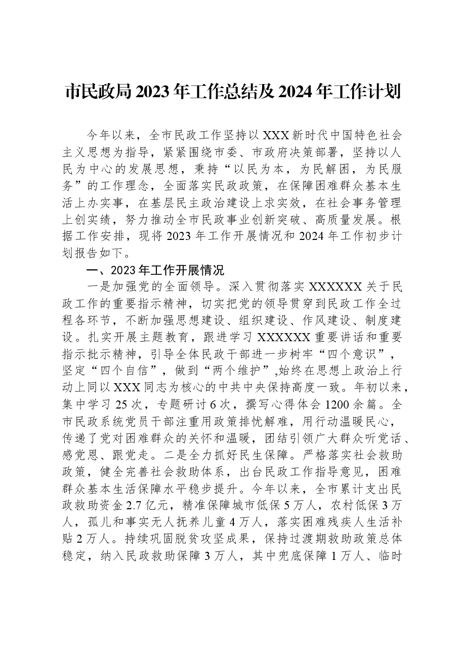 市民政局2023年工作总结及2024年工作计划.docx,第1页预览