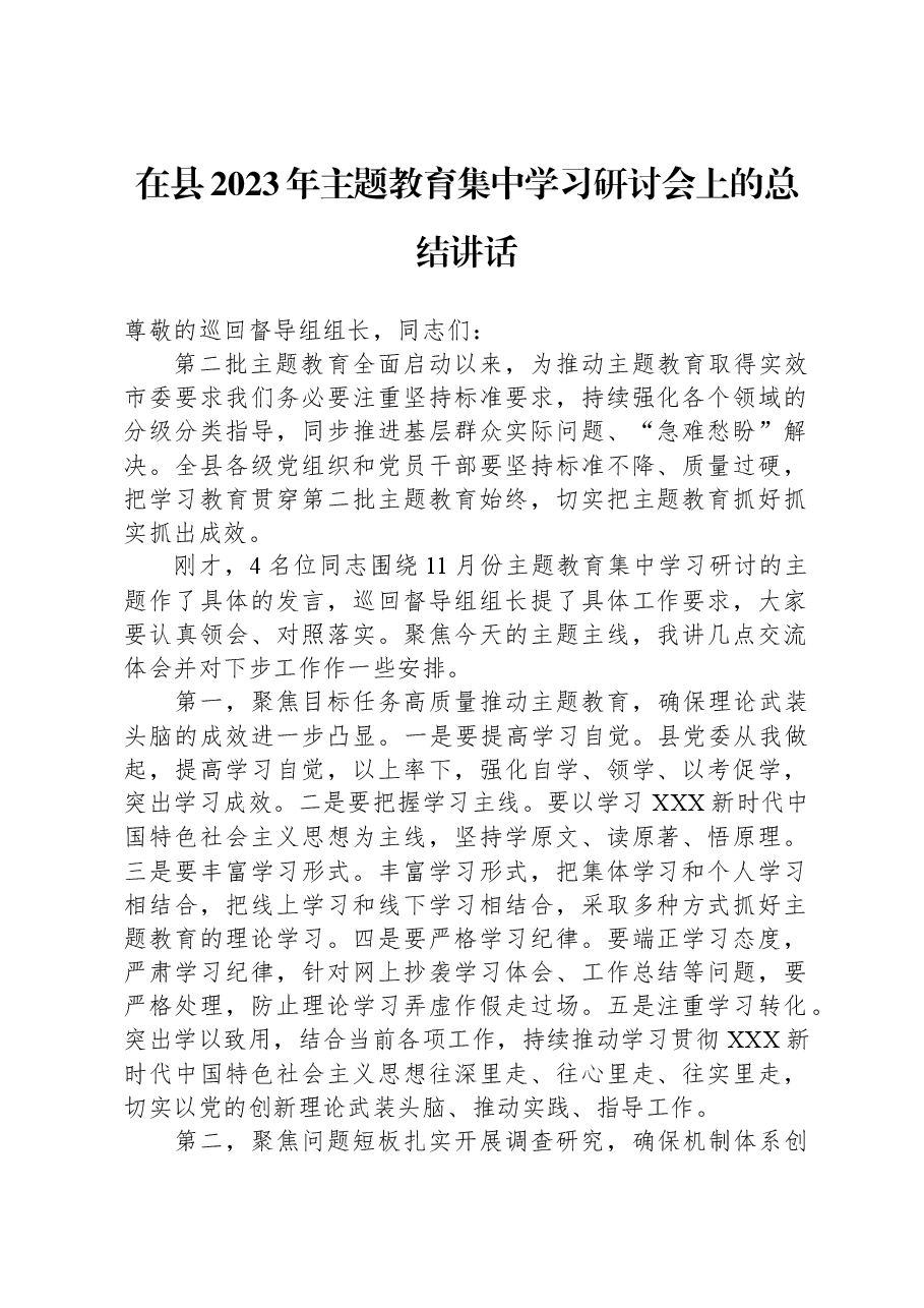 在县2023年主题教育集中学习研讨会上的总结讲话.docx,第1页预览