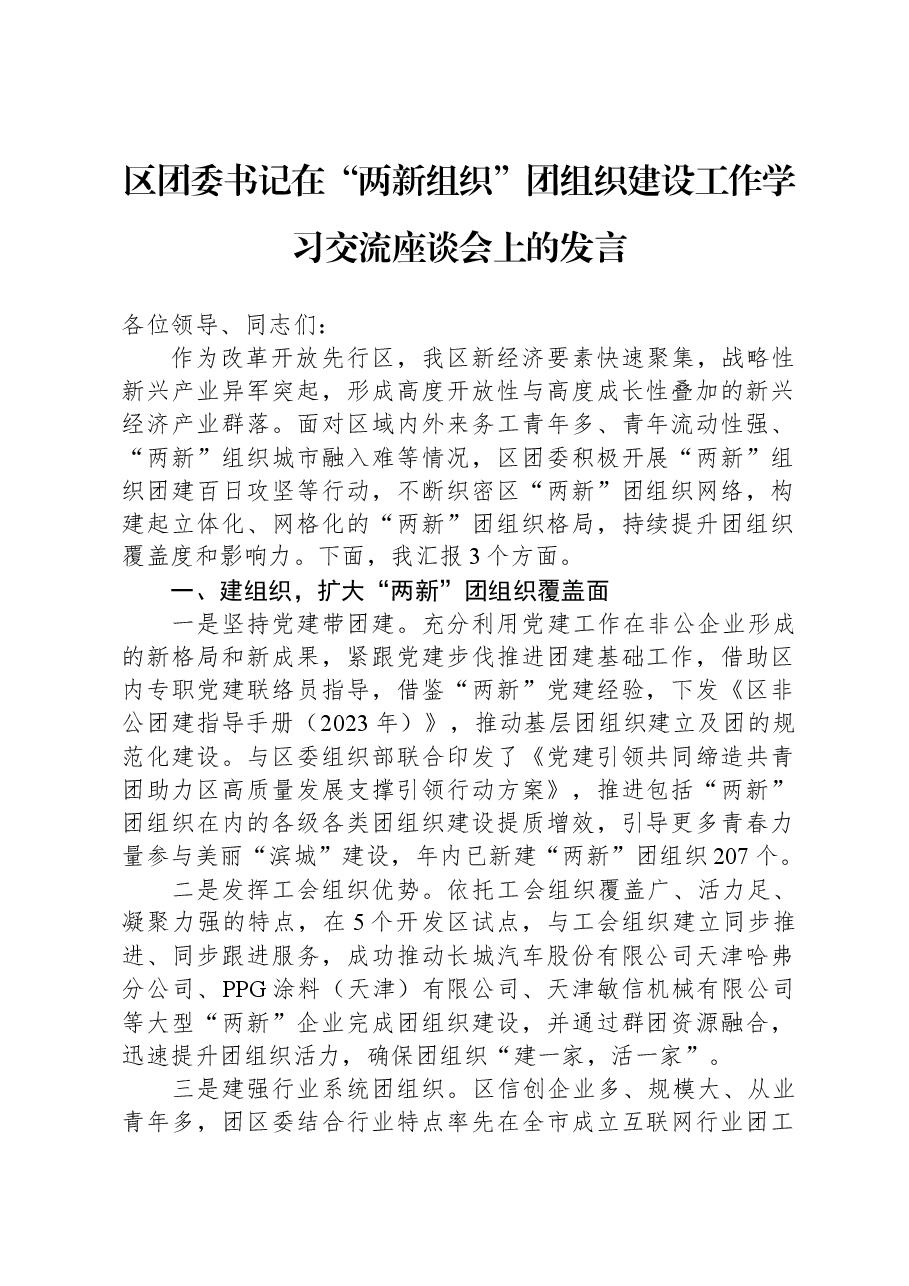 区团委书记在“两新组织”团组织建设工作学习交流座谈会上的发言.docx，第1页预览