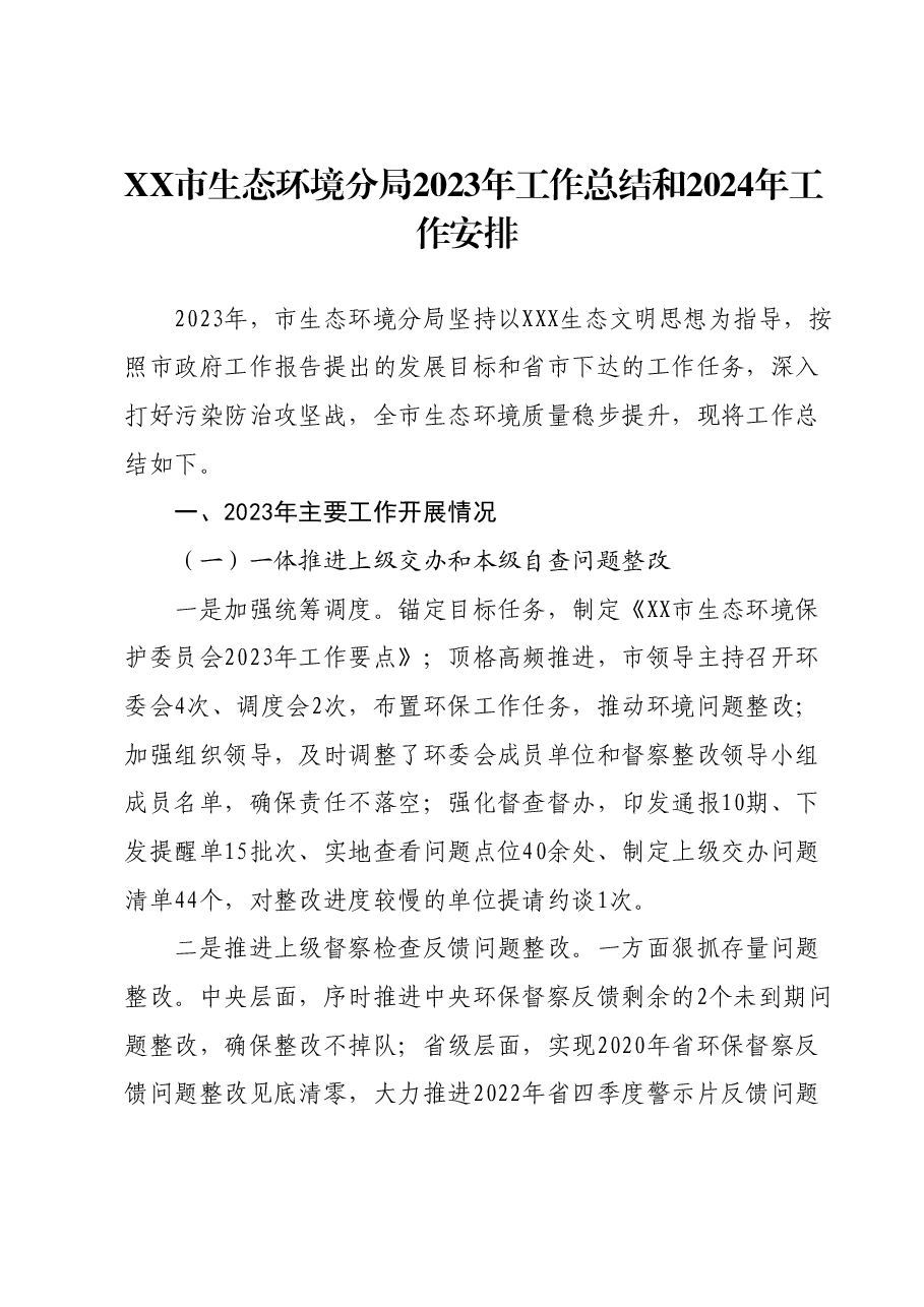 XX市生态环境分局2023年工作总结和2024年工作安排.docx,第1页预览