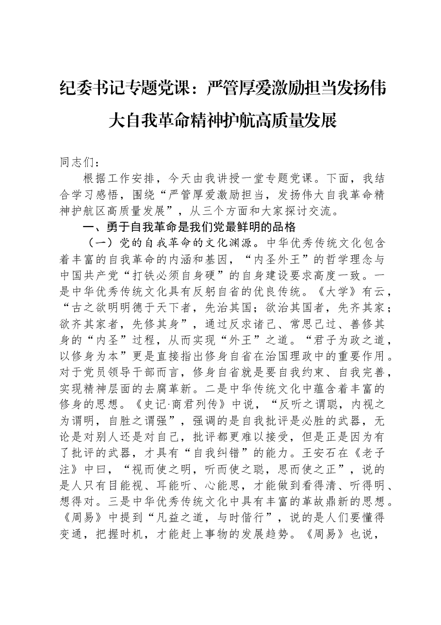 纪委书记专题党课：严管厚爱激励担当，发扬伟大自我革命精神护航高质量发展.docx，第1页预览