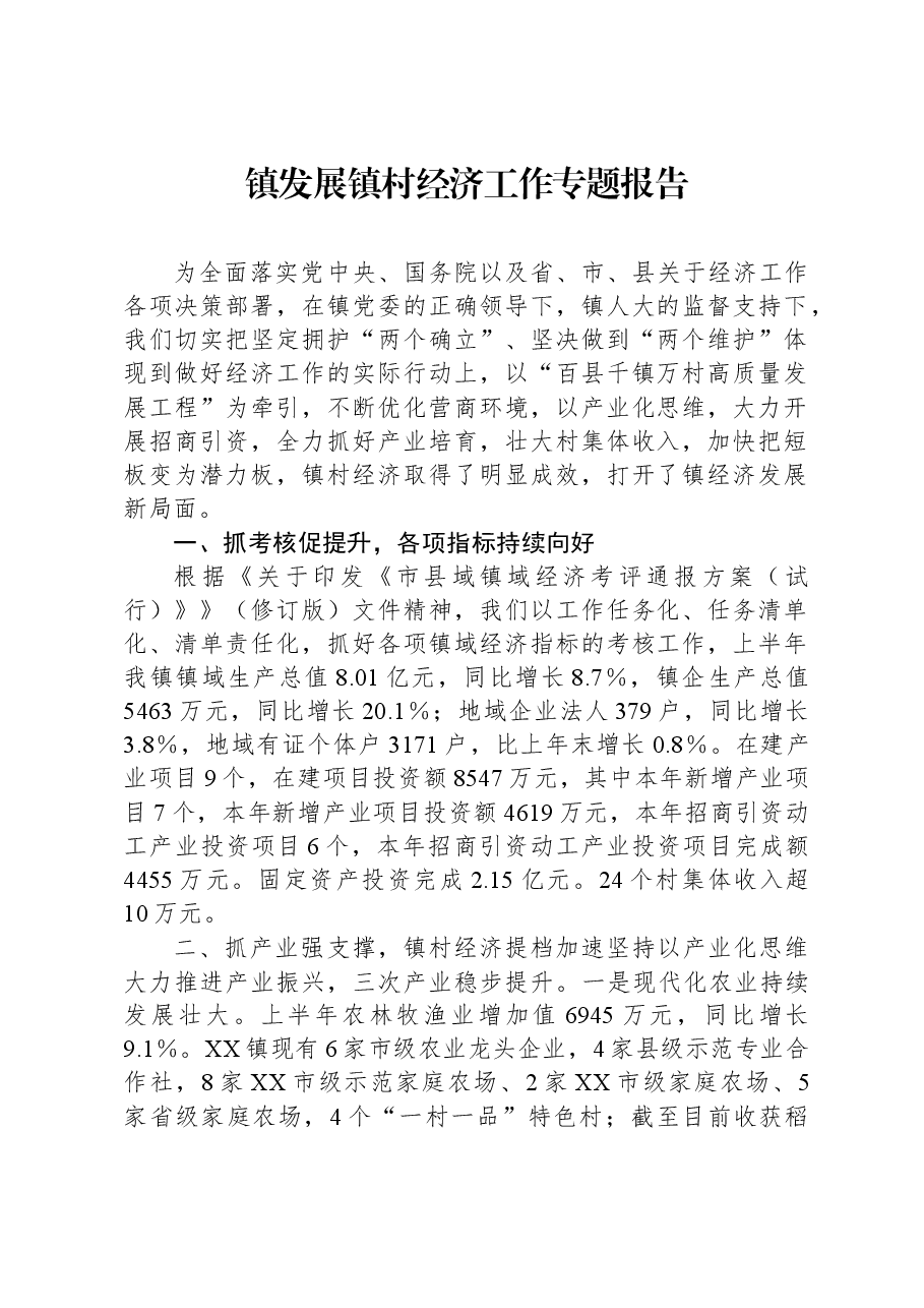 镇发展镇村经济工作专题报告.docx,第1页预览