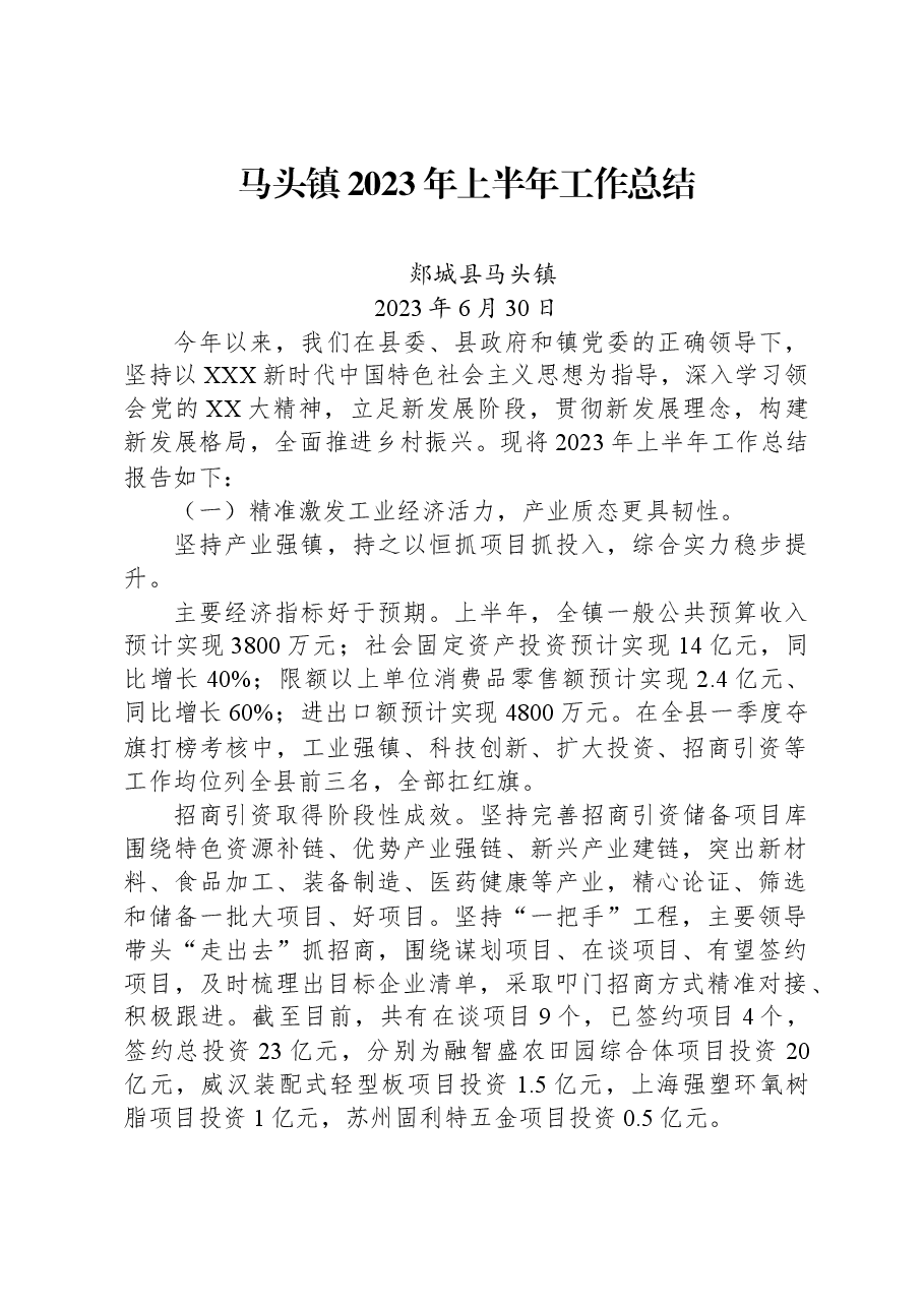 马头镇2023年上半年工作总结.docx,第1页预览