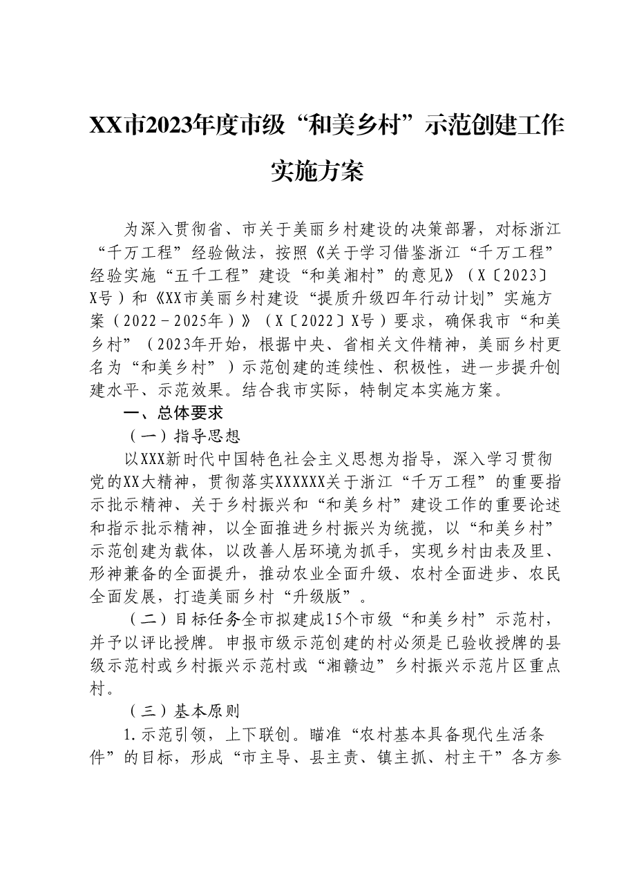 XX市2023年度市级“和美乡村”示范创建工作实施方案.doc,第1页预览