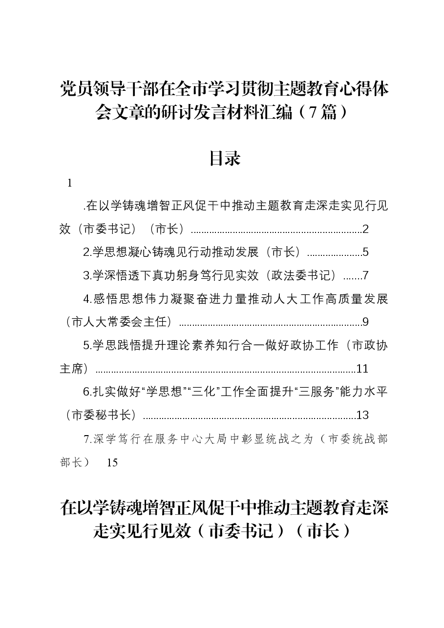 （7篇）党员领导干部在全市学习贯彻主题教育心得体会文章的研讨发言材料汇编.docx，第1页预览