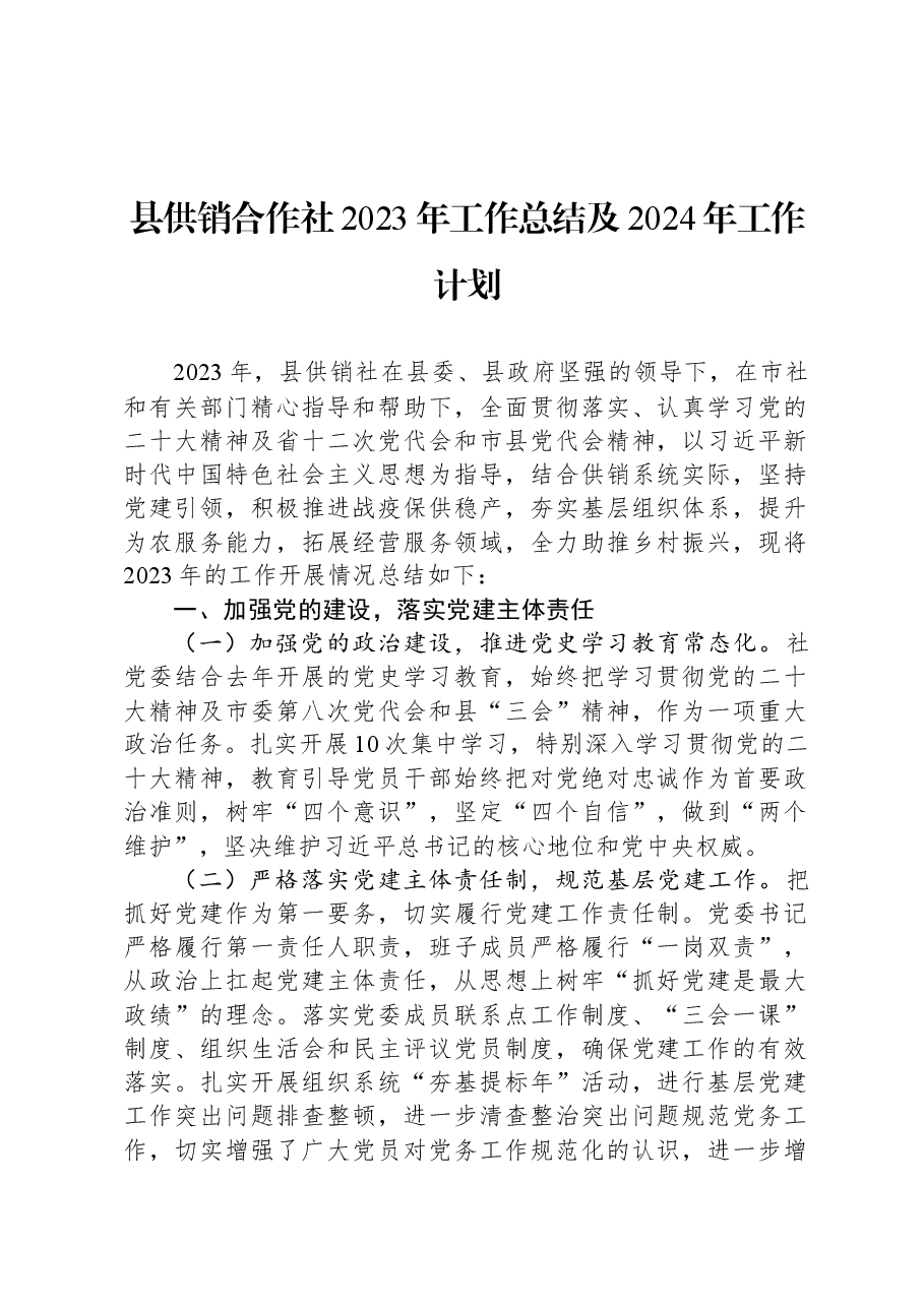 县供销合作社2023年工作总结及2024年工作计划.docx,第1页预览