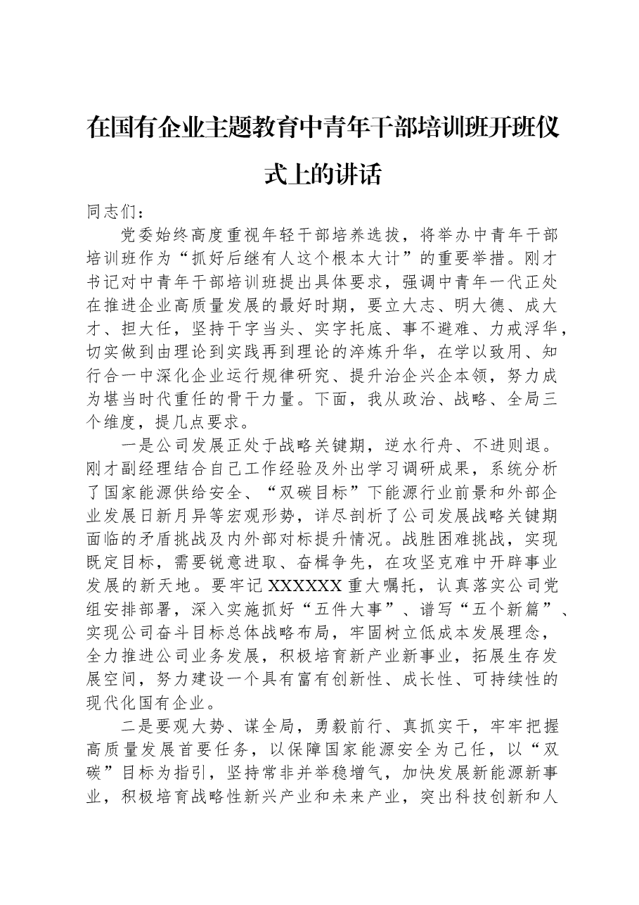 在国有企业主题教育中青年干部培训班开班仪式上的讲话.docx,第1页预览