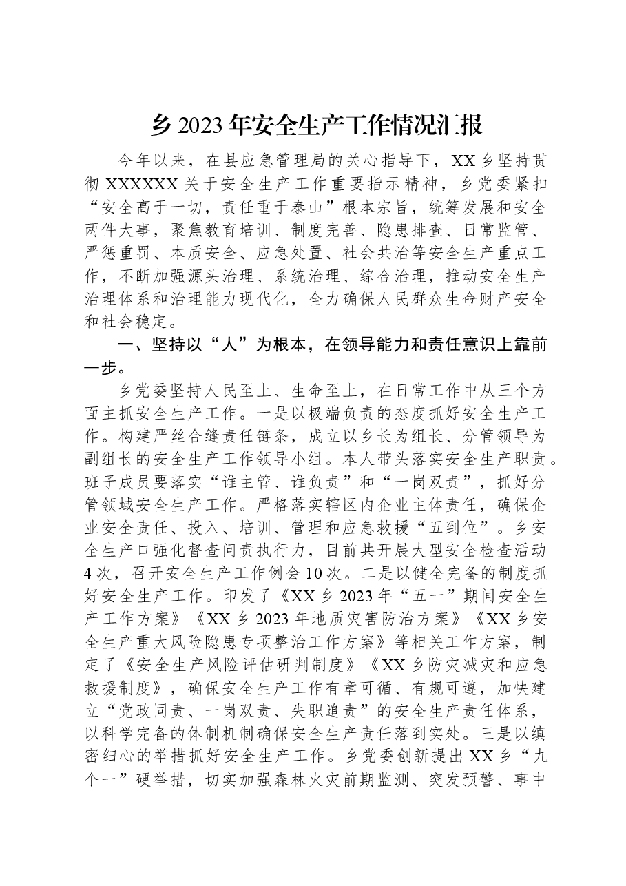 乡2023年安全生产工作情况汇报.docx,第1页预览