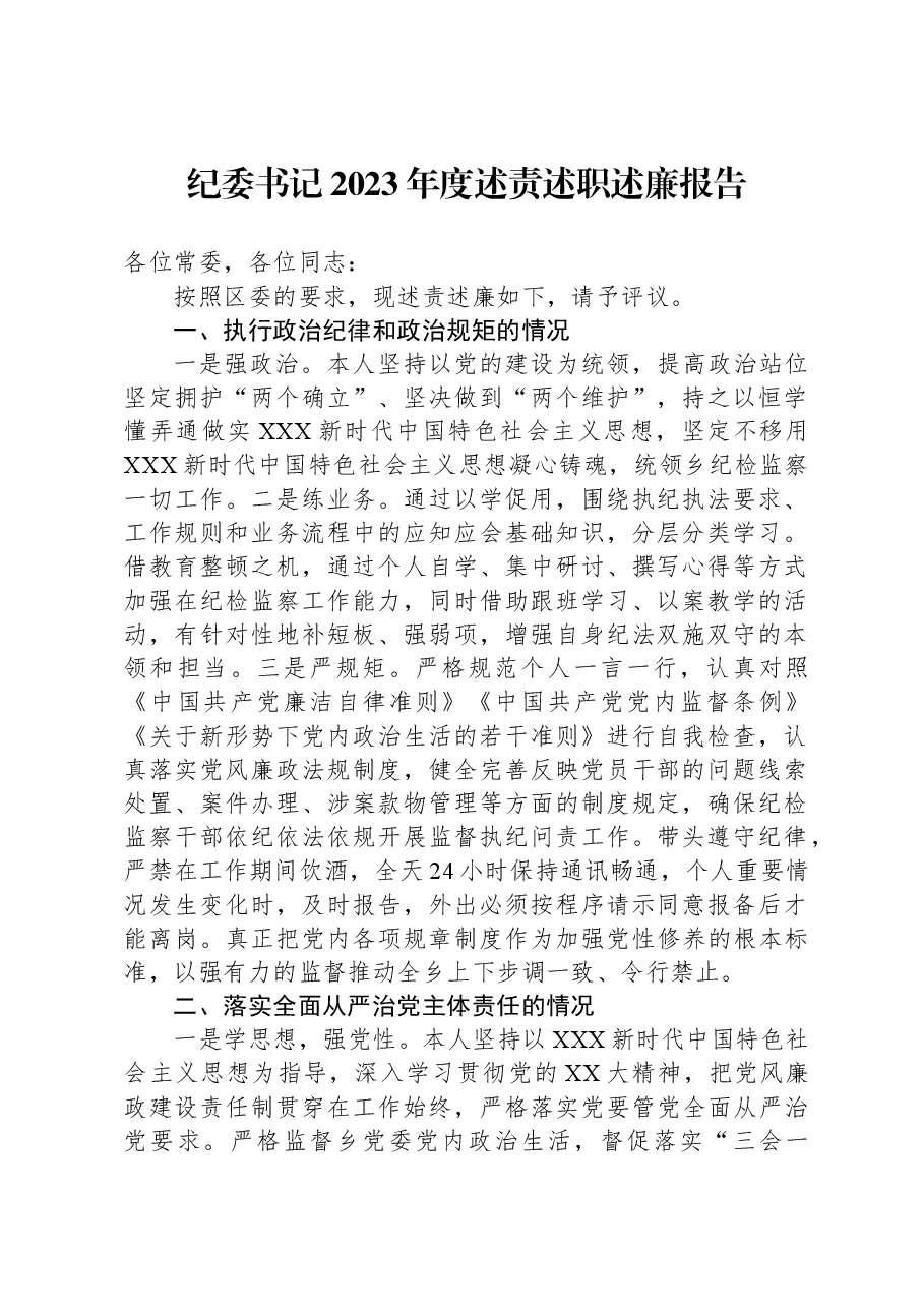 纪委书记2023年度述责述职述廉报告.docx，第1页预览