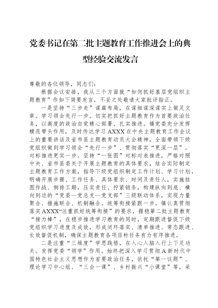 党委书记在第二批主题教育工作推进会上的典型经验交流发言.docx，第1页预览