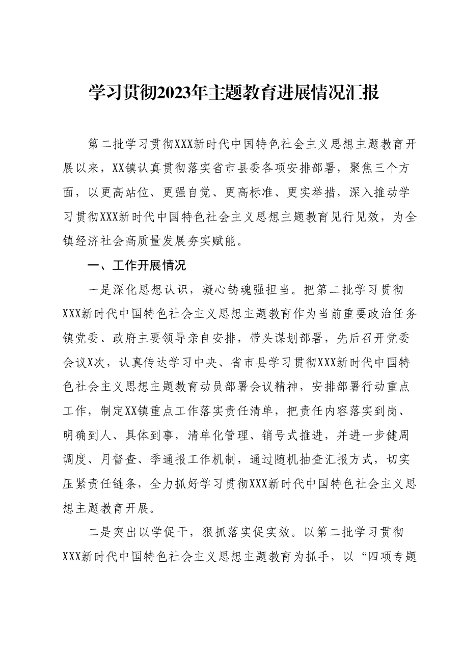 学习贯彻2023年主题教育进展情况汇报.docx,第1页预览