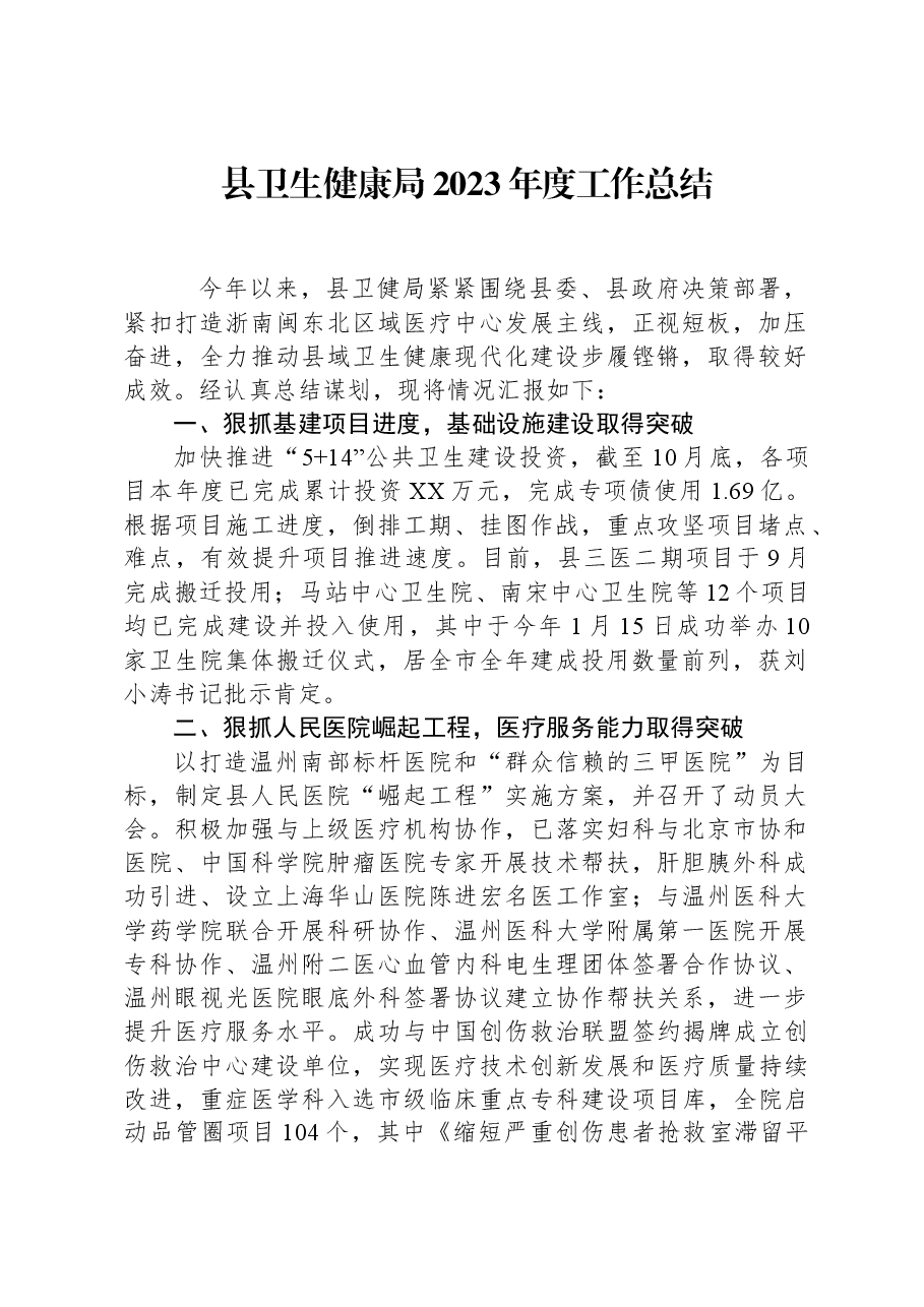 县卫生健康局2023年度工作总结.docx，第1页预览