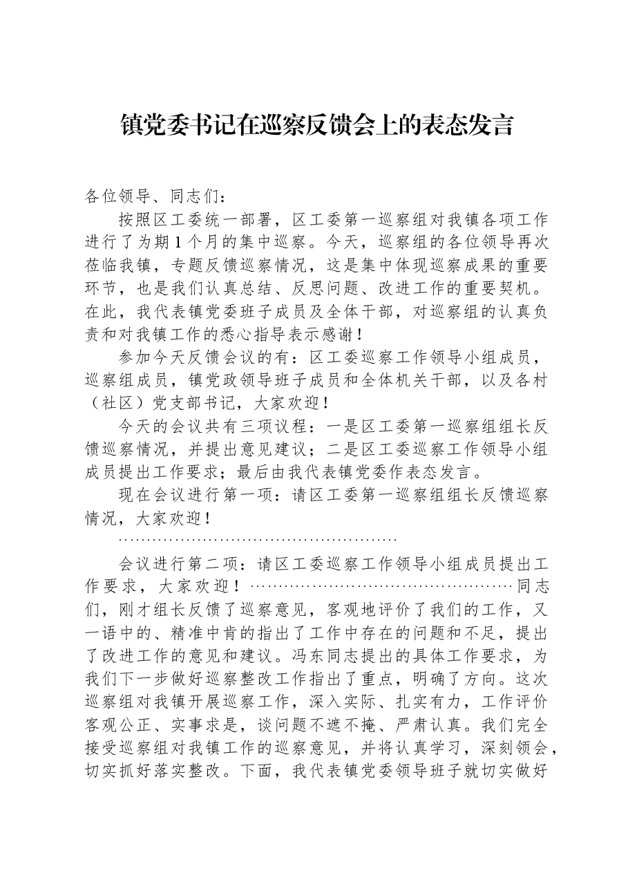 镇党委书记在巡察反馈会上的表态发言.docx,第1页预览
