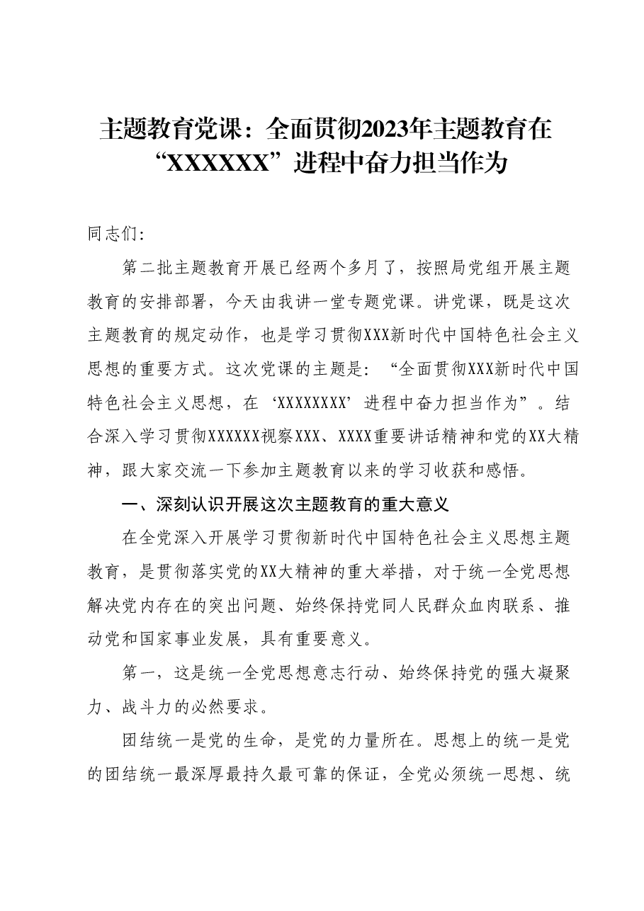 主题教育党课:全面贯彻2023年主题教育 在“XXXXXX”进程中奋力担当作为.docx,第1页预览