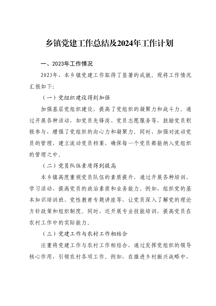 乡镇党建工作总结及2024年工作计划.docx,第1页预览