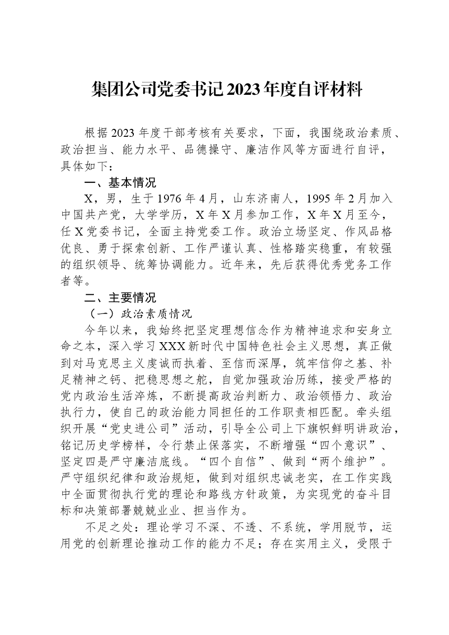 集团公司党委书记2023年度自评材料.docx,第1页预览