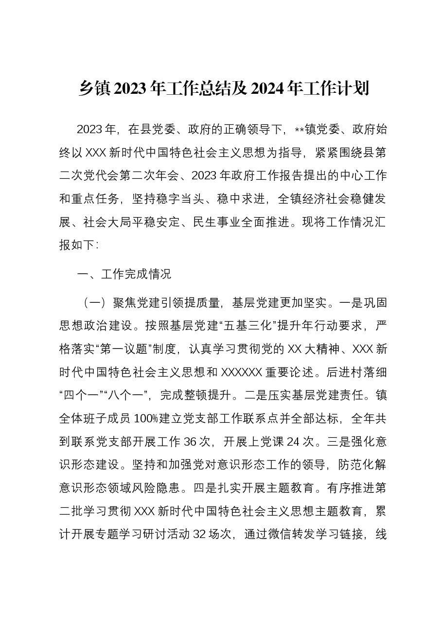 乡镇2023年工作总结及2024年工作计划.docx,第1页预览