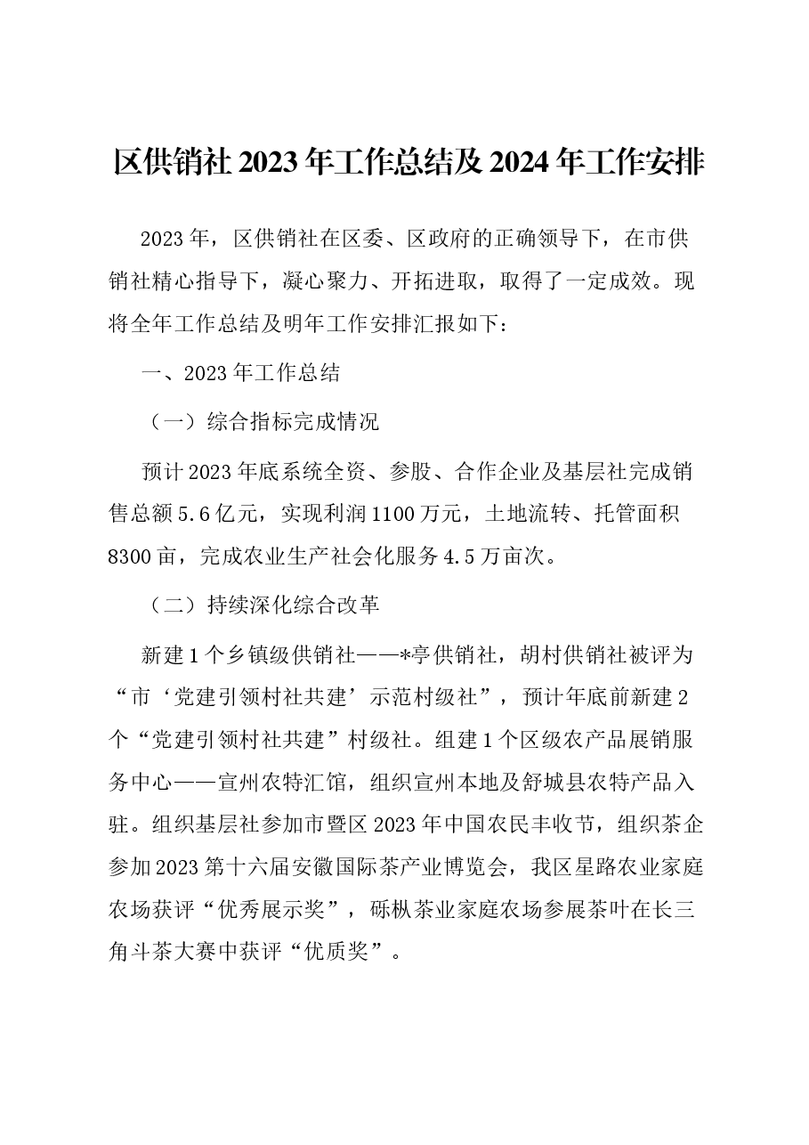 区供销社2023年工作总结及2024年工作安排.docx，第1页预览