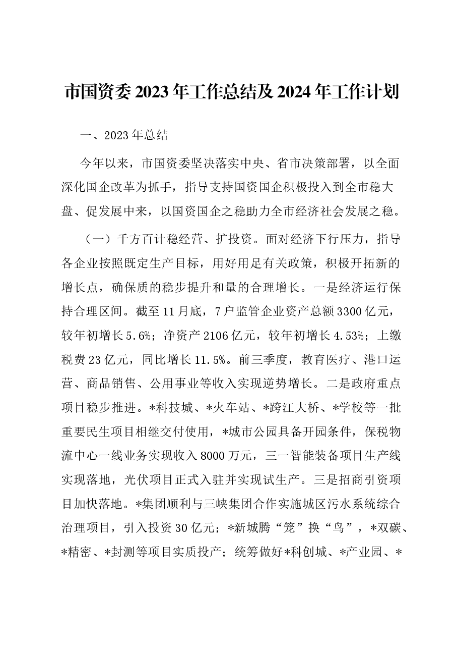 市国资委2023年工作总结及2024年工作计划.docx,第1页预览