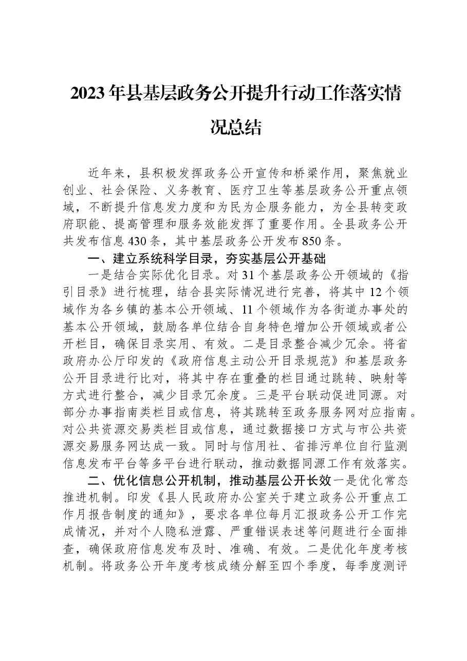 2023年县基层政务公开提升行动工作落实情况总结.docx,第1页预览