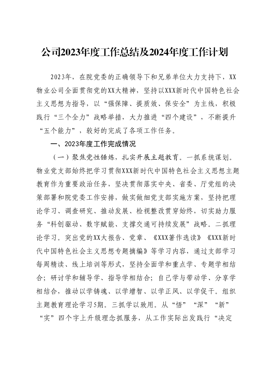 公司2023年度工作总结及2024年度工作计划.docx,第1页预览