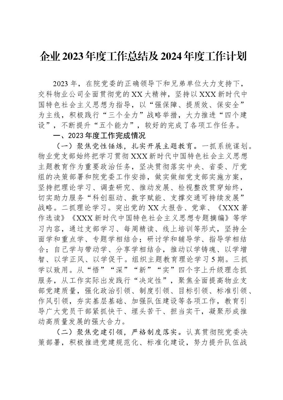 企业2023年度工作总结及2024年度工作计划.docx,第1页预览