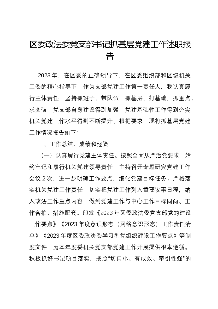 区委政法委党支部书记抓基层党建工作述职报告.docx,第1页预览