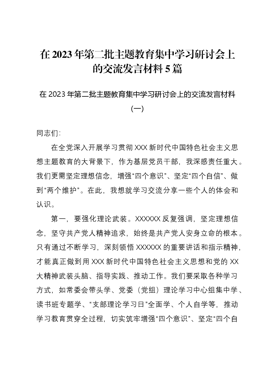 (5篇)在2023年第二批主题教育集中学习研讨会上的交流发言材料.docx,第1页预览