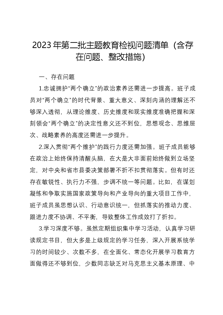 2023年第二批主题教育检视问题清单(含存在问题、整改措施).docx,第1页预览