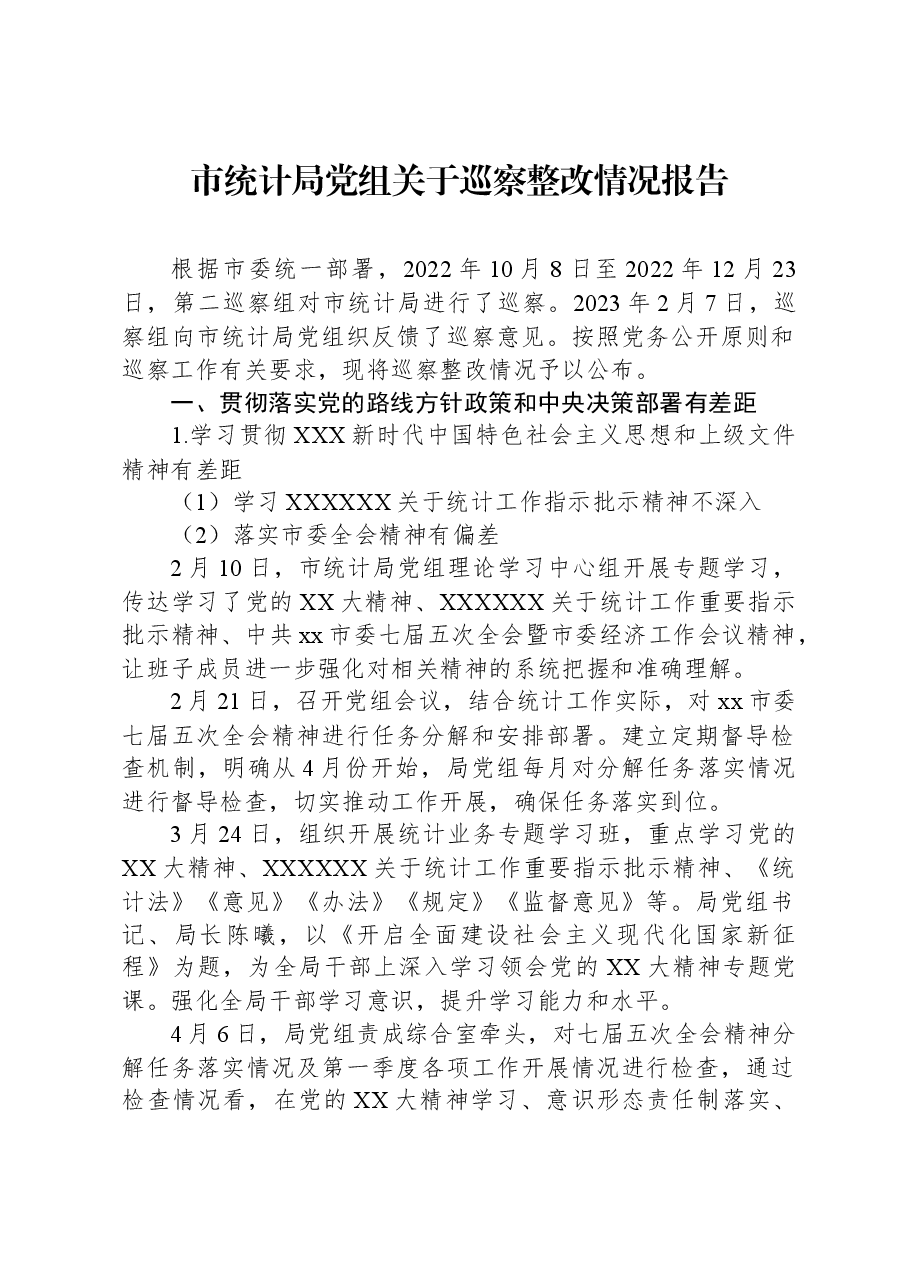 市统计局党组关于巡察整改情况报告.docx，第1页预览