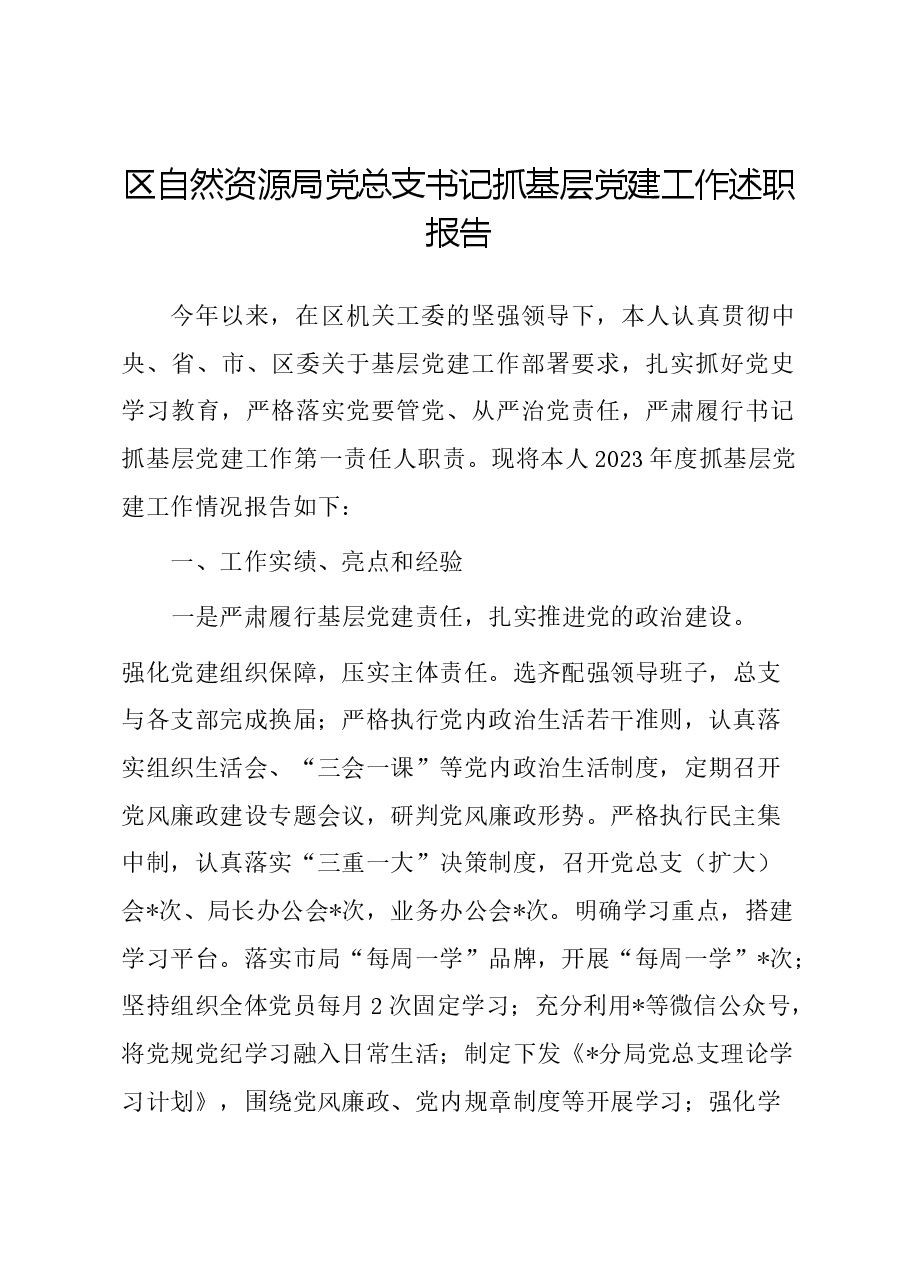 区自然资源局党总支书记抓基层党建工作述职报告.docx,第1页预览
