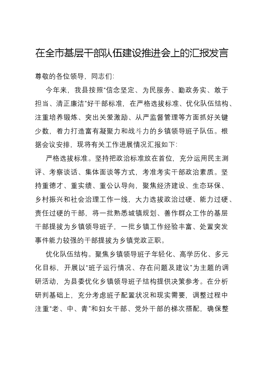 在全市基层干部队伍建设推进会上的汇报发言.docx,第1页预览