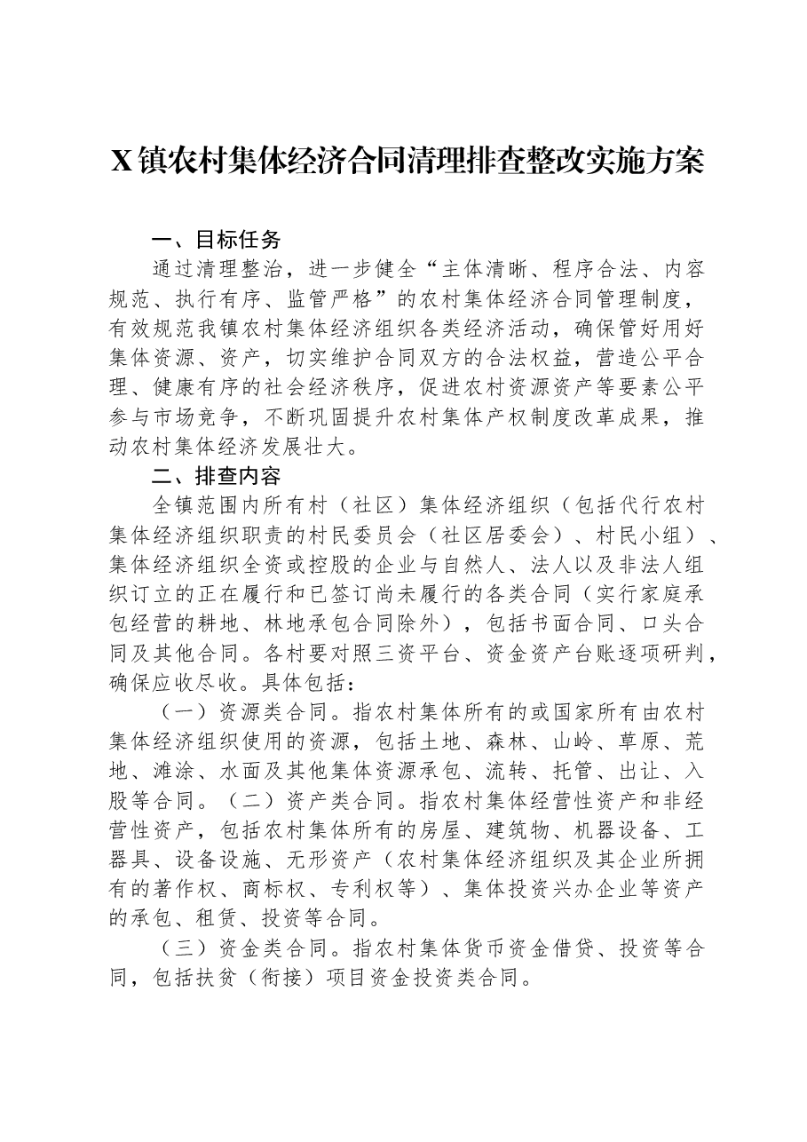 X镇农村集体经济合同清理排查整改实施方案.docx,第1页预览