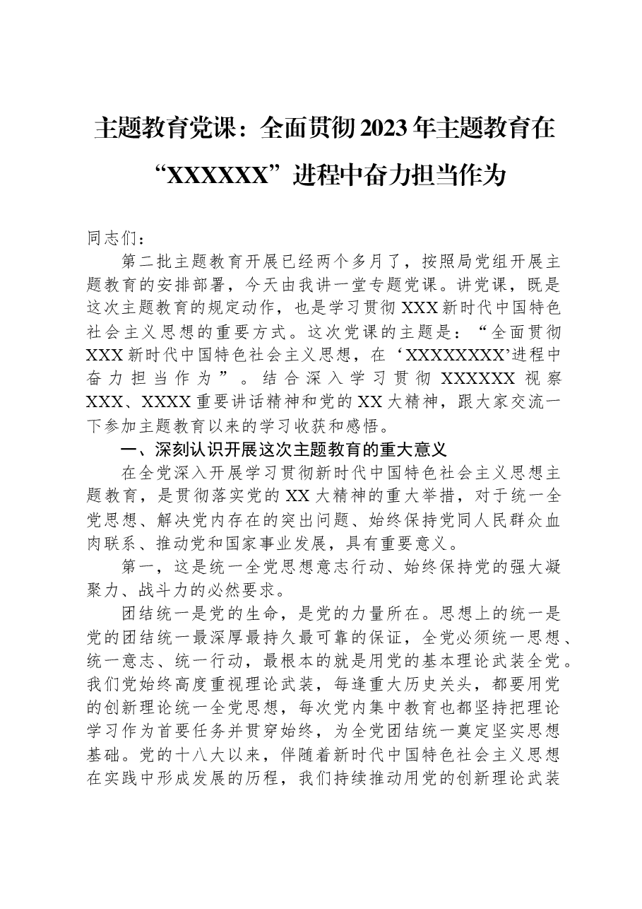 主题教育党课：全面贯彻2023年主题教育在“XXXXXX”进程中奋力担当作为.docx，第1页预览
