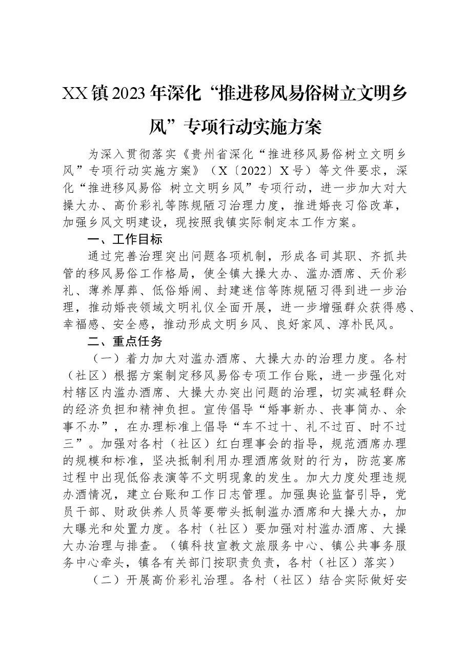 XX镇2023年深化“推进移风易俗树立文明乡风”专项行动实施方案.docx,第1页预览