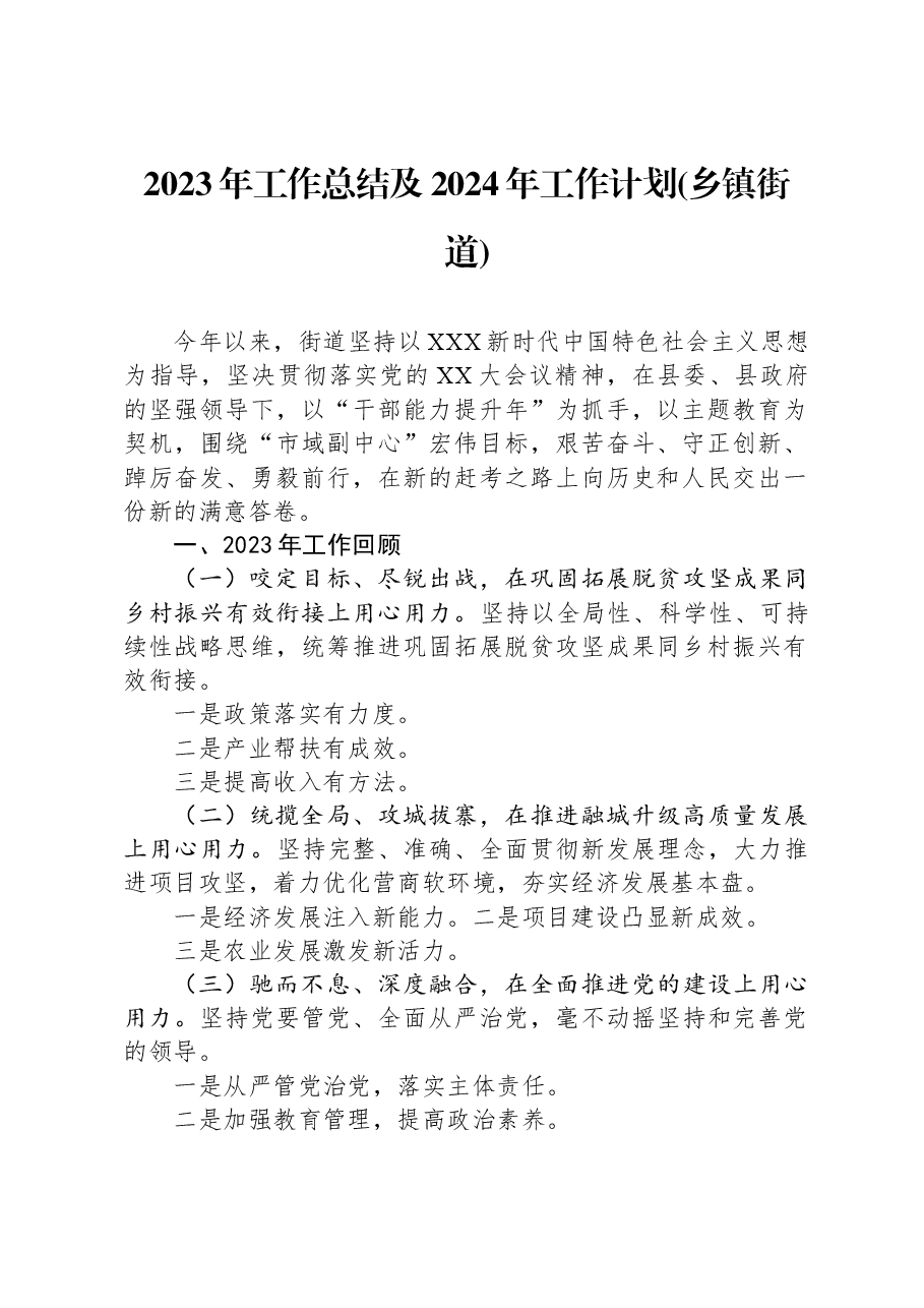 2023年工作总结及2024年工作计划(乡镇街道).docx,第1页预览
