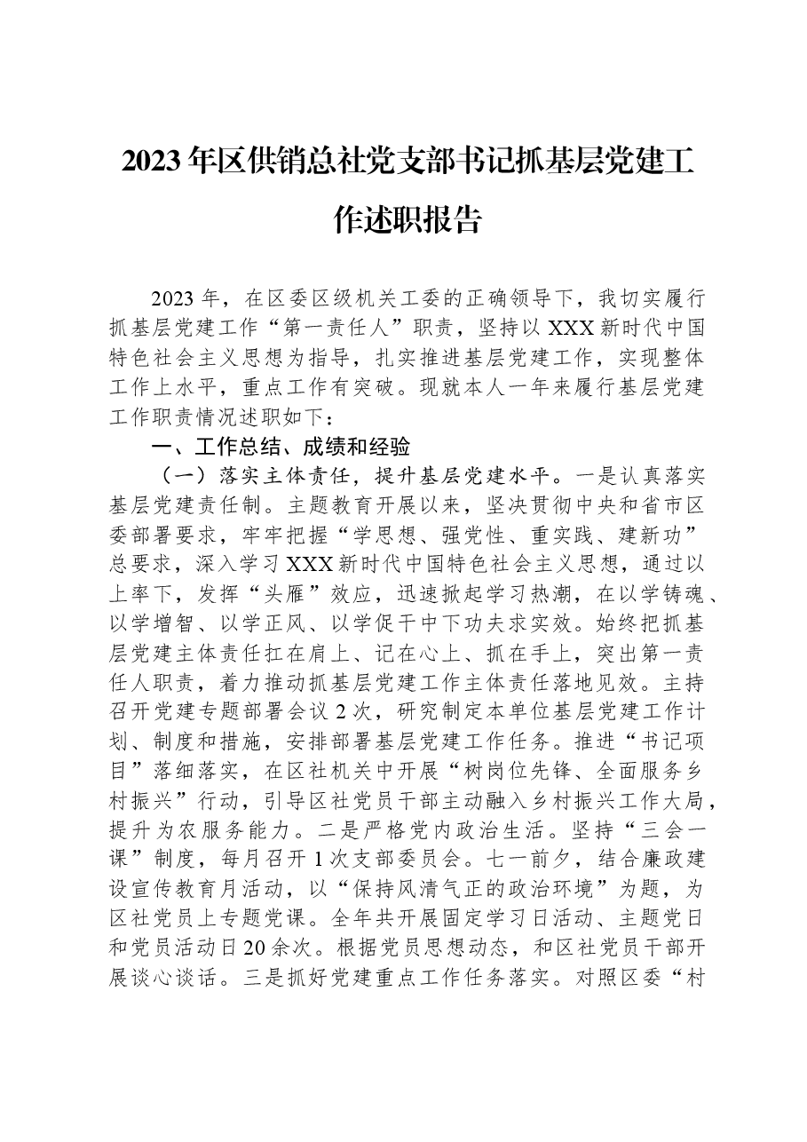 2023年区供销总社党支部书记抓基层党建工作述职报告.docx，第1页预览