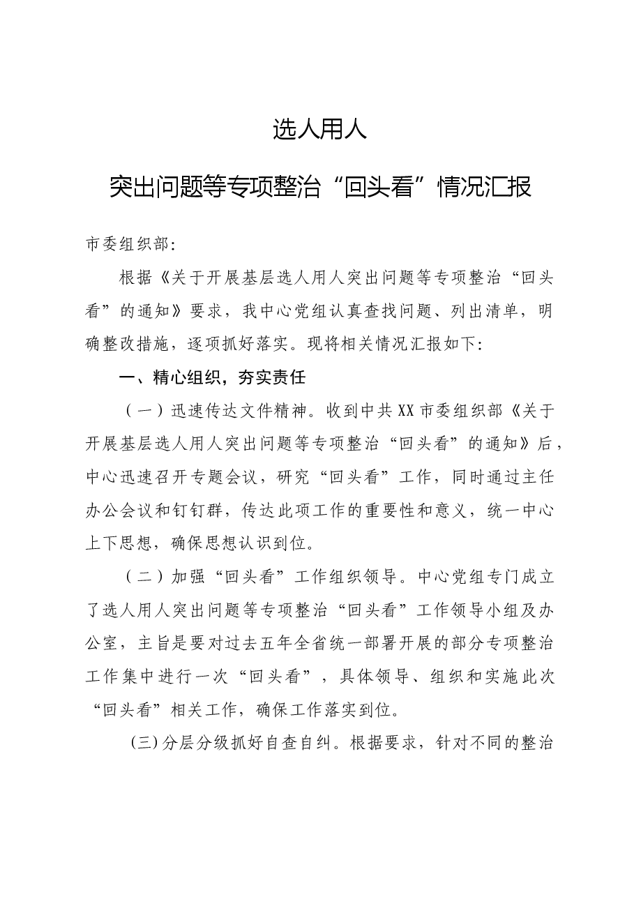 XX选人用人突出问题专项整治情况汇报.doc,第1页预览