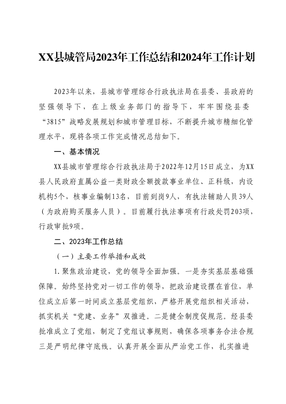 XX县城管局2023年工作总结和2024年工作计划.docx,第1页预览