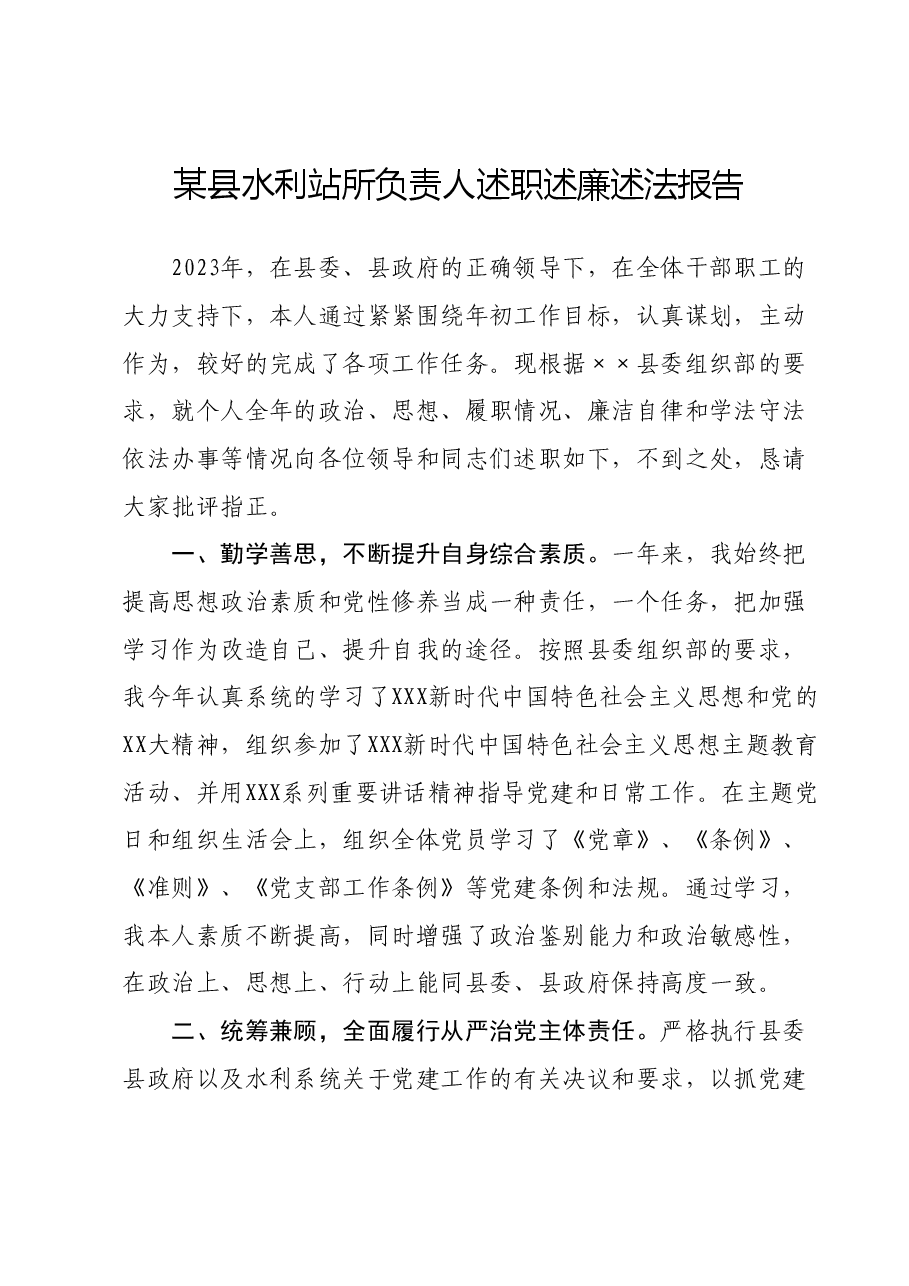 某县水利站所负责人述职述廉述法报告.docx,第1页预览
