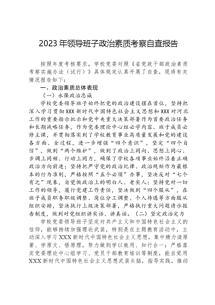 2023年领导班子政治素质考察自查报告.docx，第1页预览
