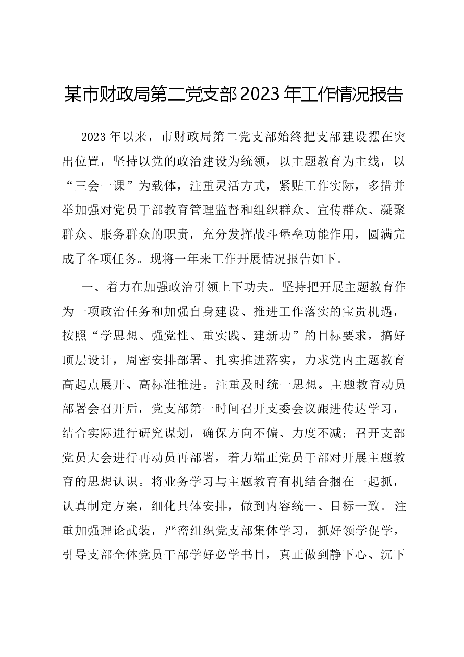 某市财政局第二党支部2023年工作情况报告.docx，第1页预览
