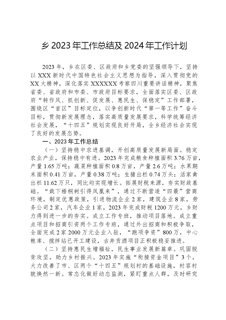 乡2023年工作总结及2024年工作计划.docx,第1页预览