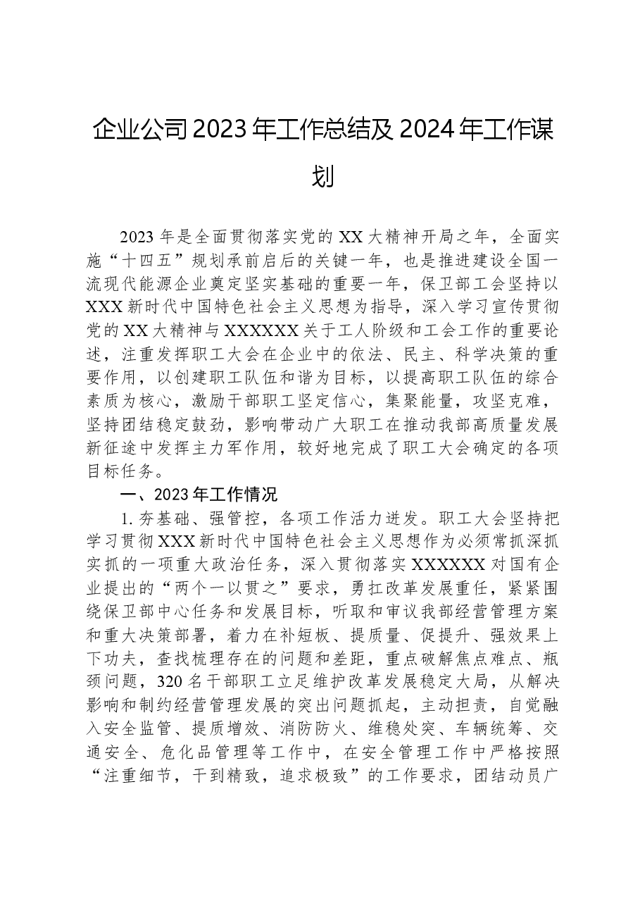 企业公司2023年工作总结及2024年工作谋划.docx,第1页预览