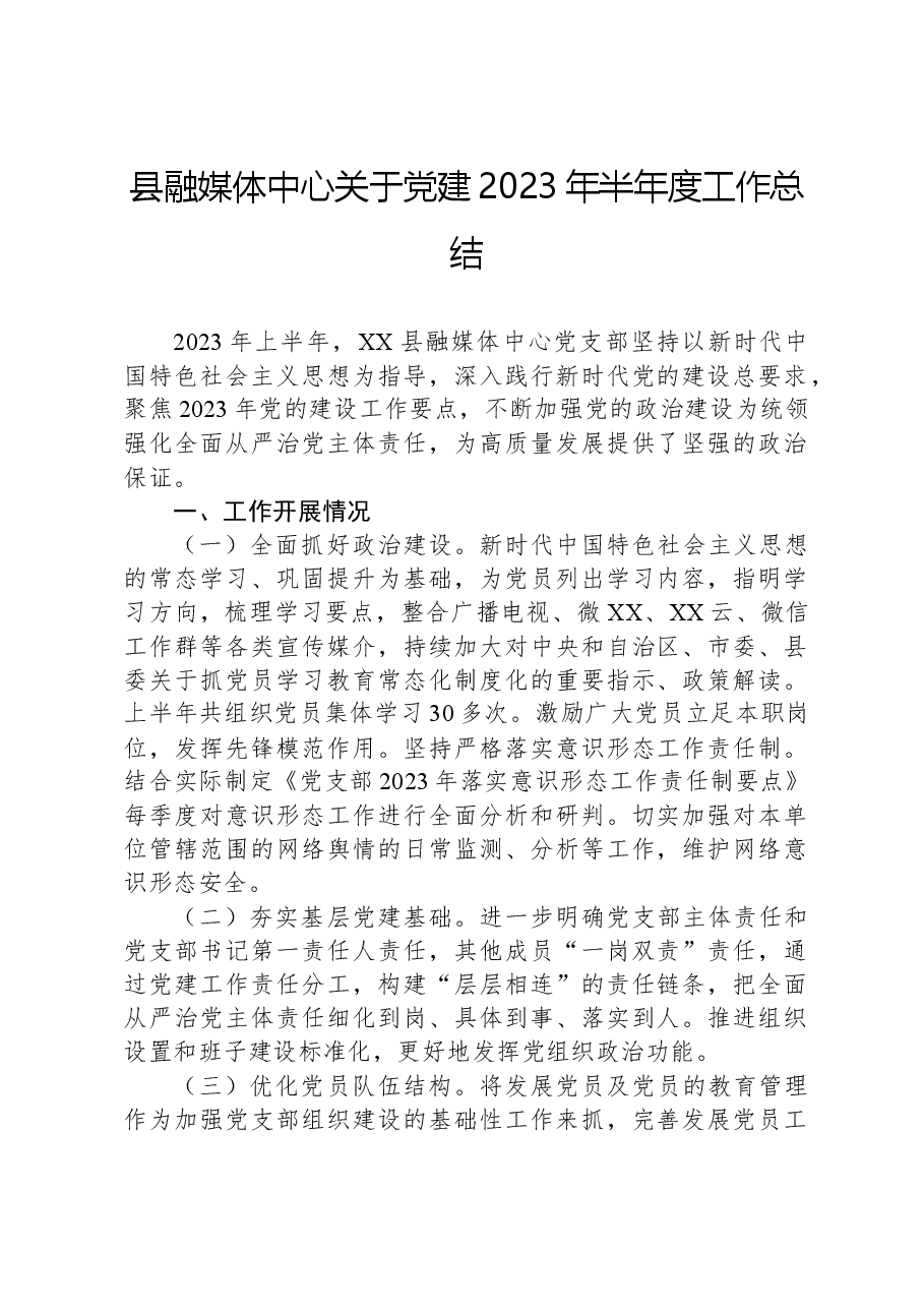 县融媒体中心关于党建2023年半年度工作总结.docx,第1页预览