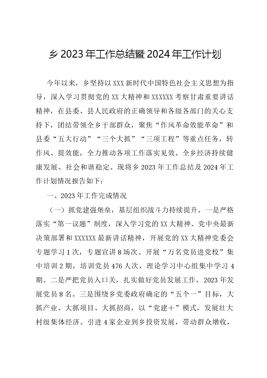 乡2023年工作总结暨2024年工作计划.docx,第1页预览
