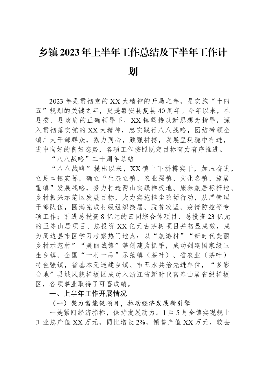 乡镇2023年上半年工作总结及下半年工作计划.docx,第1页预览