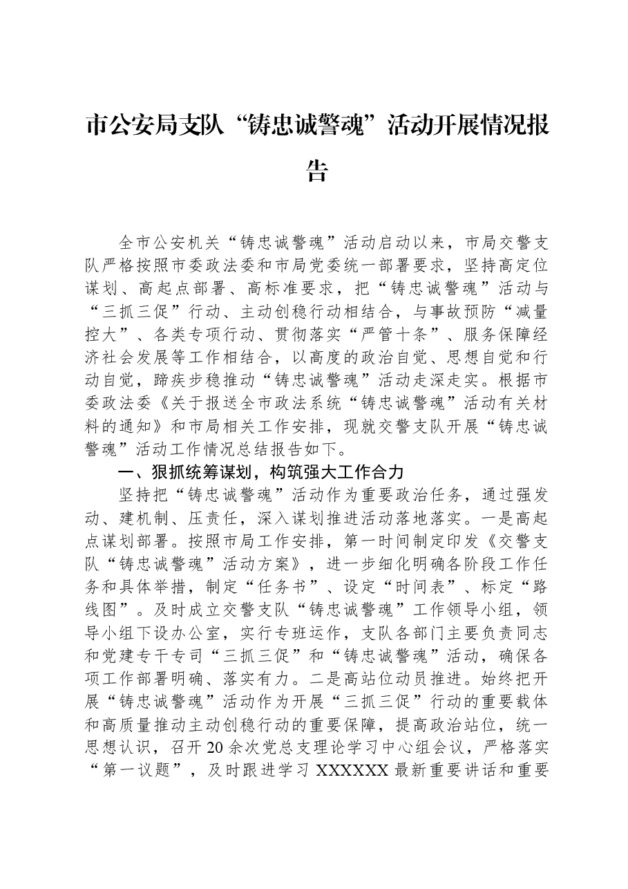 市公安局支队“铸忠诚警魂”活动开展情况报告.docx,第1页预览